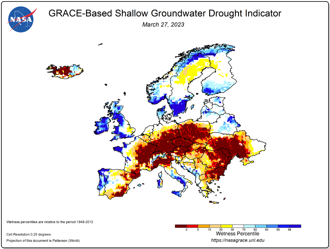 Figuur 3: Oppervlakkige grondwaterdroogte-indicator van NASA voor Europa op 27/02/2023, gebaseerd op GRACEFO Data (beschikbaar op https://nasagrace.unl.edu, geconsulteerd op 6/03/2023)