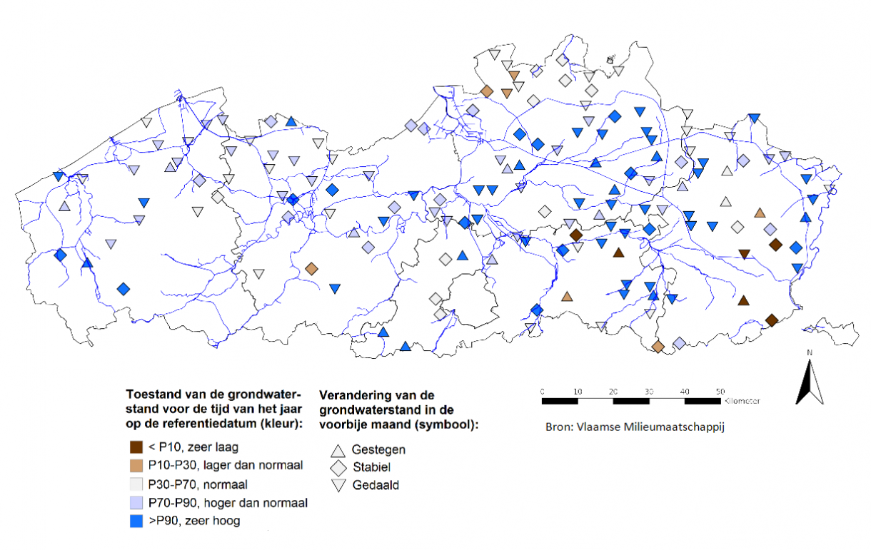 Huidige toestand voor de tijd van het jaar, met verandering van grondwaterstand ten opzichte van vorige maand