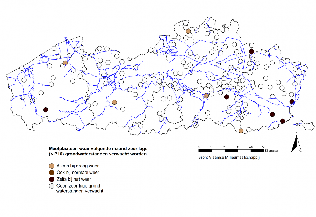 Figuur 6: Meetplaatsen waar volgende maand zowel relatief als absoluut zeer lage (<P10) freatische grondwaterstanden worden verwacht.