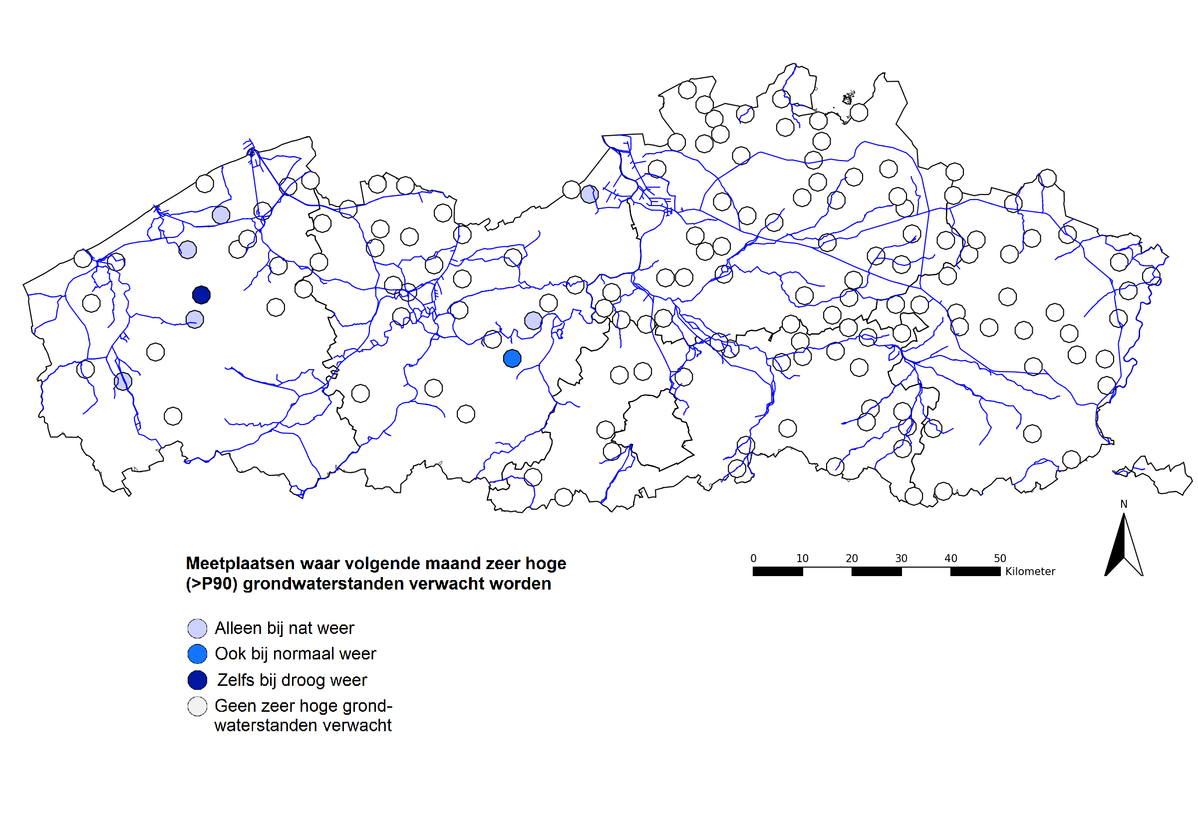 Locaties waar volgende maand zowel met de relatieve als met de absolute vergelijking zeer hoge (>P90) grondwaterstanden worden verwacht
