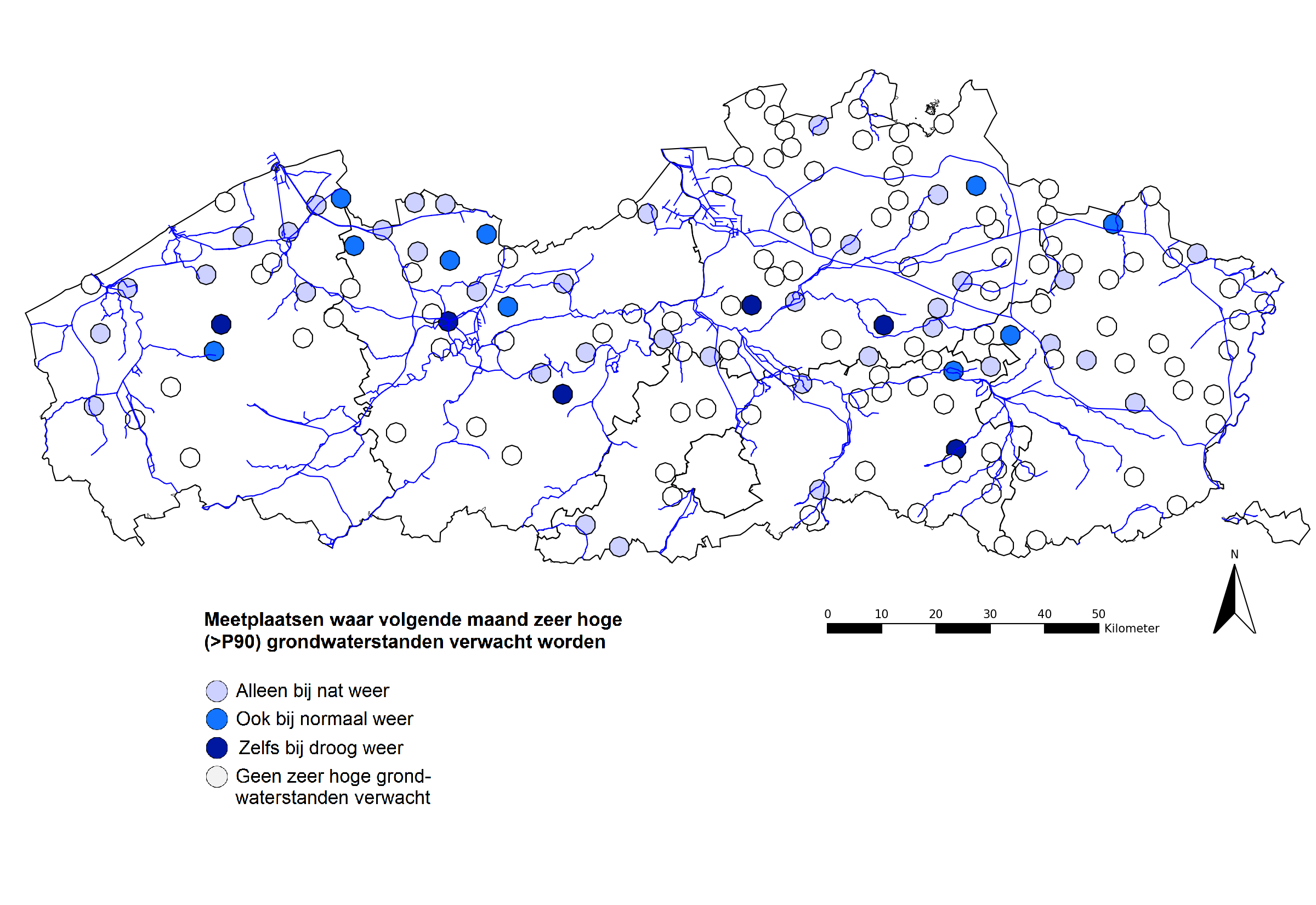 Locaties waar volgende maand zowel met de relatieve als met de absolute vergelijking zeer hoge (>P90) grondwaterstanden worden verwacht