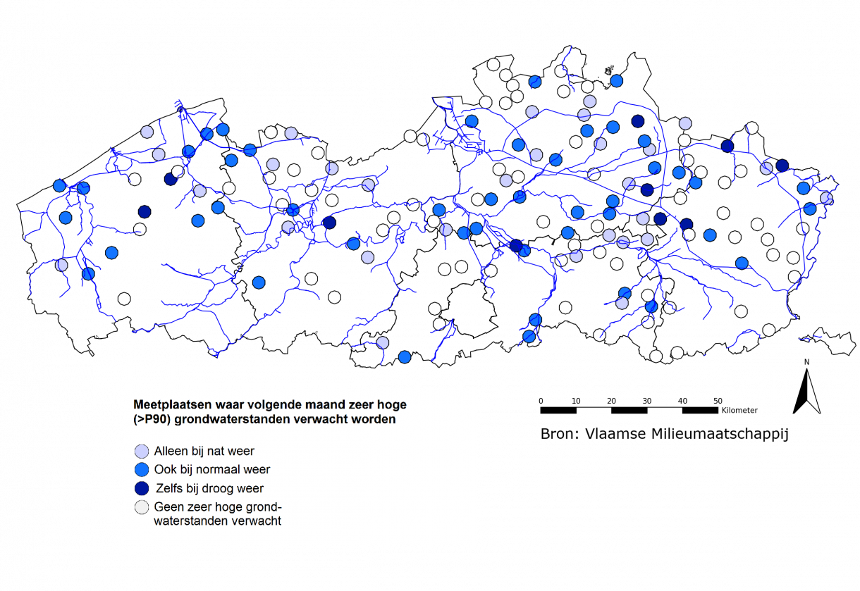 Figuur 6: Meetplaatsen waar volgende maand zowel relatief als absoluut zeer lage (<P10) freatische grondwaterstanden worden verwacht.