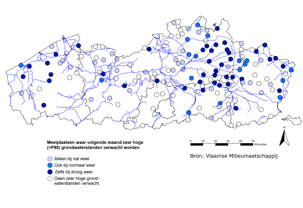 Figuur 6: Meetplaatsen waar volgende maand zowel relatief als absoluut zeer lage (<P10) freatische grondwaterstanden worden verwacht.