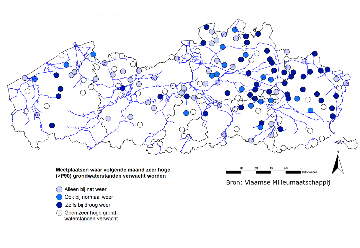 Figuur 6: Meetplaatsen waar volgende maand zowel relatief als absoluut zeer lage (<P10) freatische grondwaterstanden worden verwacht.