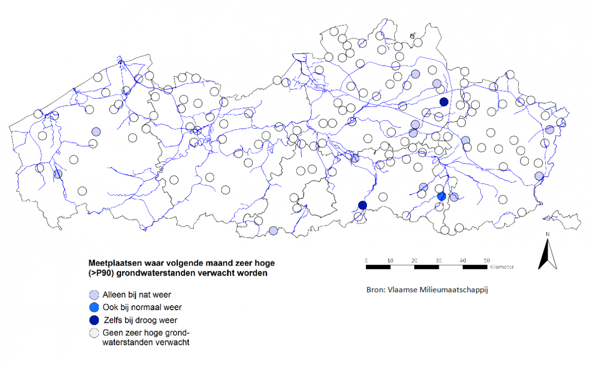 Figuur 6: Meetplaatsen waar volgende maand absoluut én relatief zeer hoge (>P90) freatische grondwaterstanden worden verwacht.