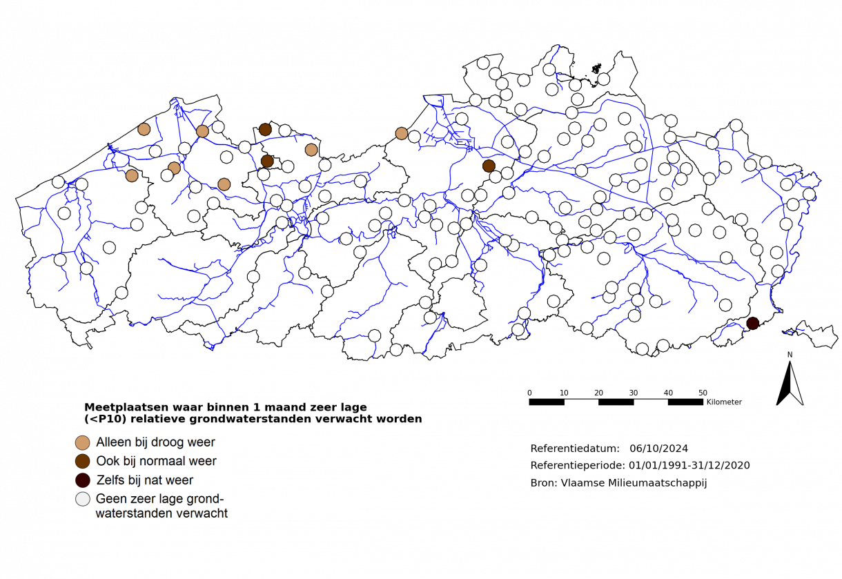 Figuur 6: Meetplaatsen waar volgende maand zeer lage (<P10) freatische grondwaterstanden voor de tijd van het jaar verwacht worden.