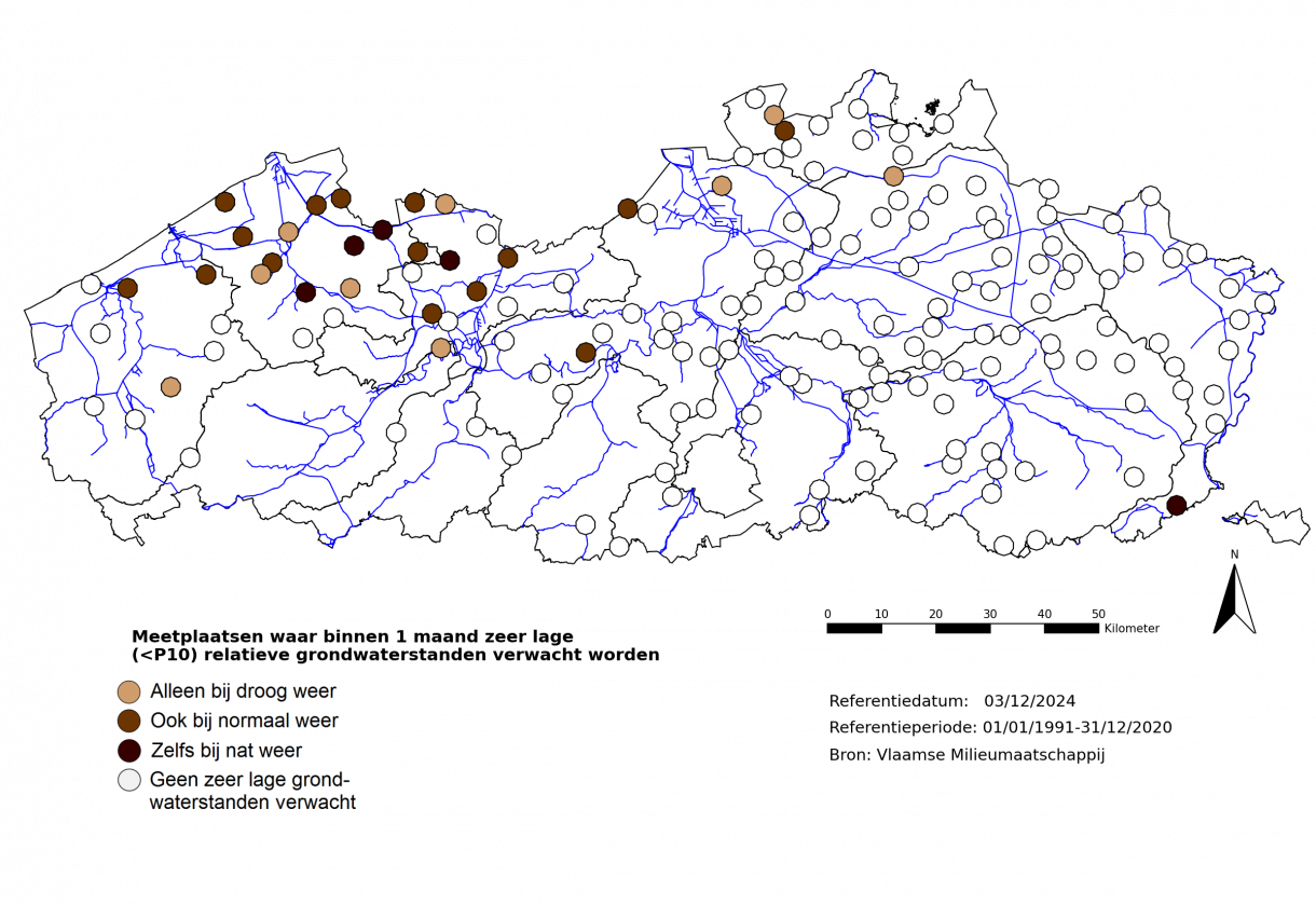 Figuur 6: Meetplaatsen waar volgende maand zeer lage (<P10) freatische grondwaterstanden voor de tijd van het jaar verwacht worden.