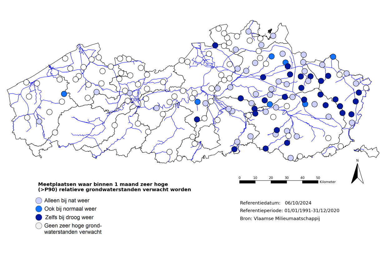 Figuur 6: Meetplaatsen waar volgende maand zowel relatief als absoluut zeer lage (<P10) freatische grondwaterstanden worden verwacht.