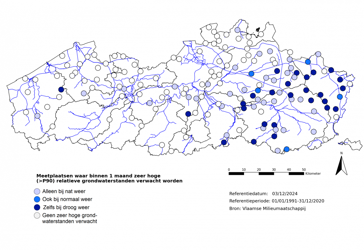 Figuur 6: Meetplaatsen waar volgende maand zowel relatief als absoluut zeer lage (<P10) freatische grondwaterstanden worden verwacht.